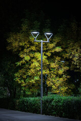 City night lamp on a background of yellow trees and green bushes
