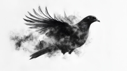 Majestic phoenix rising from ashes, depicted in dynamic black and white illustration