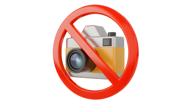 Photography prohibition symbol with a vintage camera, no photos allowed concept