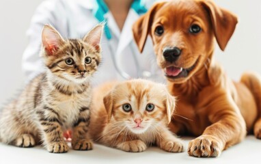 Adorable kittens and puppy with a veterinarian.