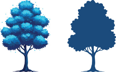 Magical glowing blue fantasy tree illustration, vibrant foliage, silhouette version, mystical nature art, surreal forest design, enchanted botanical concept