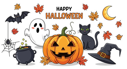Festive Halloween characters and symbols create a playful and spooky scene with autumn leaves and a crescent moon.