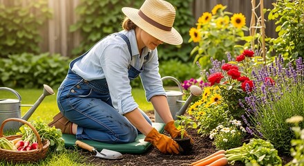 Woman cultivating her garden, planting flowers and vegetable seedlings