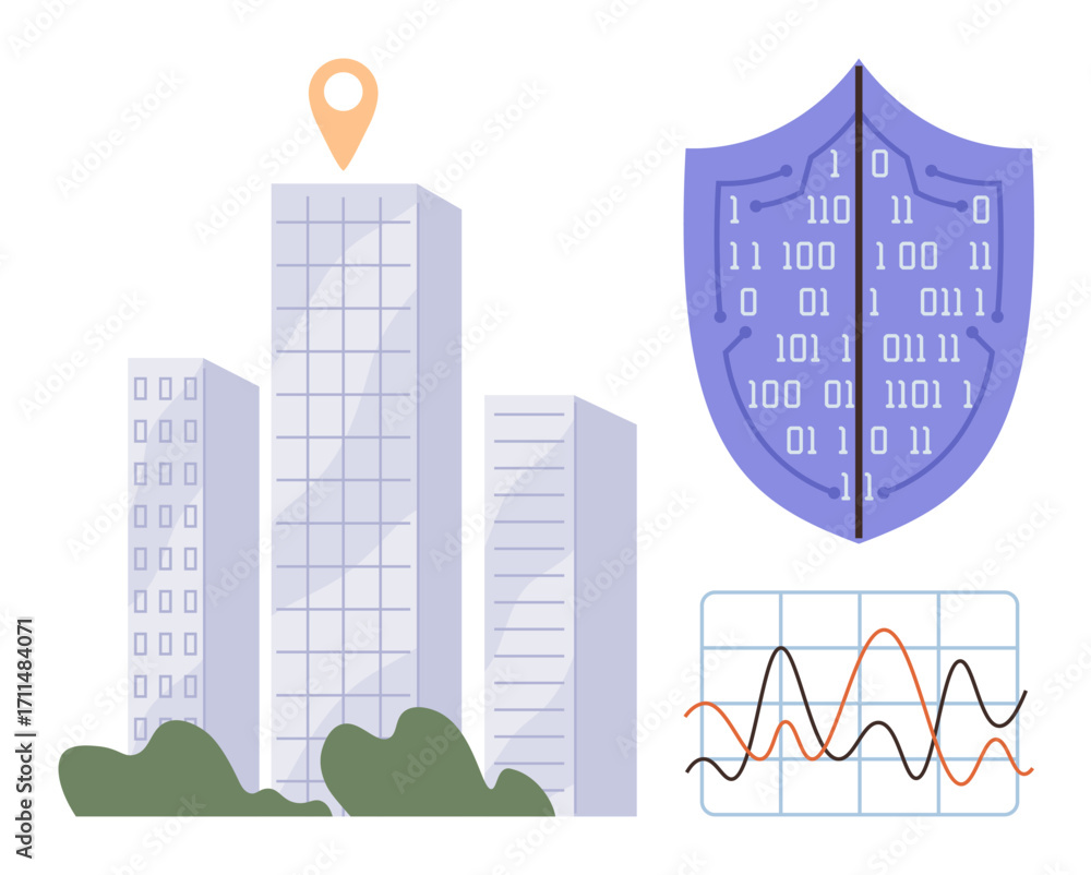 Aufkleber high-rise buildings with location marker, shield with binary code, and fluctuating data graph. ideal