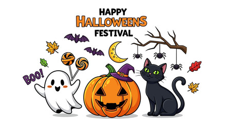 Playful Halloween characters, including a cute ghost, jack-o'-lantern, and black cat, celebrate the festive season with spooky icons.