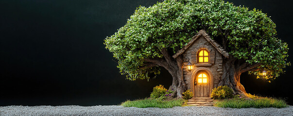 Whimsical fairy village nestled in roots of ancient tree, glowing warmly at night