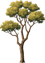 Minimalist tree illustration with green yellow leaves, natural textured trunk, botanical art, eco friendly design, nature growth concept, environmental conservation theme