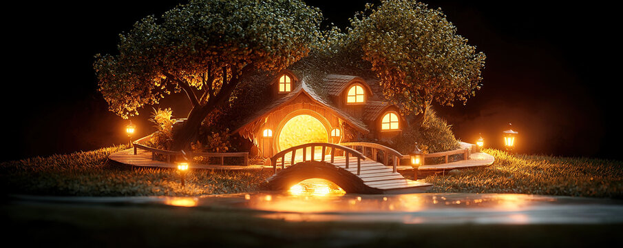 Whimsical fairy village with glowing lights nestled inside hollow tree, featuring charming bridge and serene pond