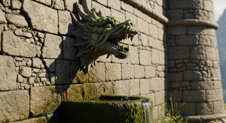 Ancient stone dragon fountain with moss and water, a testament to enduring craftsmanship and the passage of time in a serene setting
