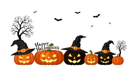 Festive Halloween pumpkins and bare trees under a spooky night sky with bats