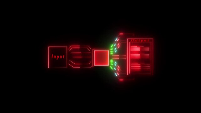 Depiction of Simple of input Workflow with Ai and made the output which are desired neon on black background.Automate daily Tasks Smart AI solutions improve repetitive work.4k animation video..