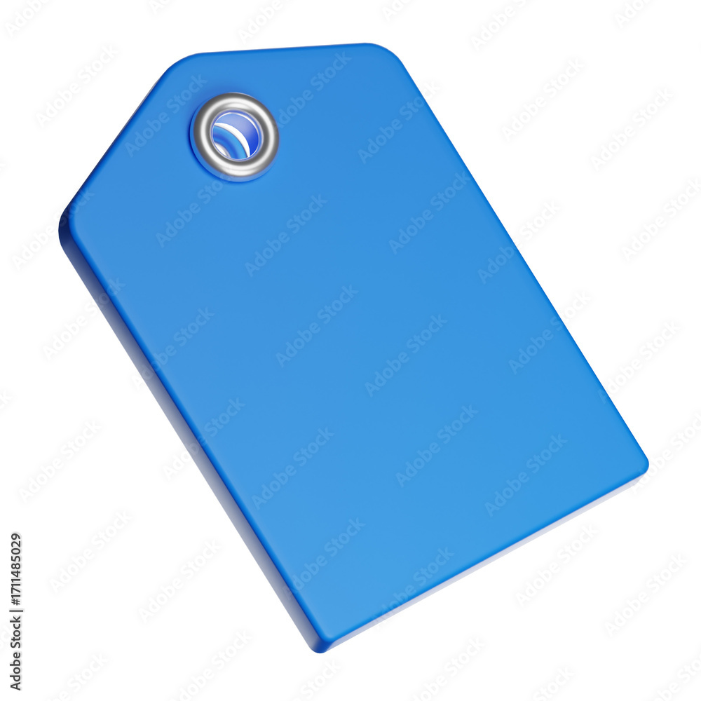 Poster blue blank rectangular label tag with string hole floating on transparent background