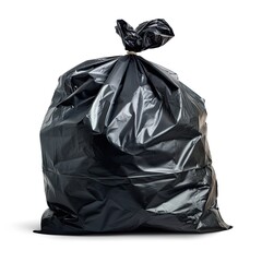 A black plastic garbage bag tied at the top, typically used for waste disposal.