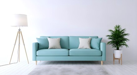 Modern living room with teal sofa and minimalist decor