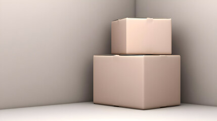 two moving boxes in corner of unfurnished modern apartment with soft lighting
