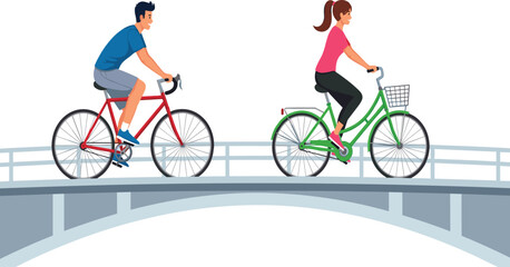 Outdoor cycling on urban bridge, healthy lifestyle, active people riding bikes, summer commute, fitness activity, scenic route, transportation concept