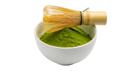 Matcha powder and bamboo whisk isolated on transparent background, showcasing traditional japanese tea preparation elements in a white bowl