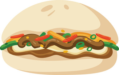 A delicious-looking bao bun filled with savory ingredients, including mushrooms, vegetables, and a sauce.