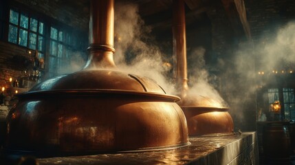 Oktoberfest Beer Culture and Craft Experience, steaming copper brewing kettles inside rustic brewery with warm wooden interior and atmospheric lighting, highlighting authentic beer brewing