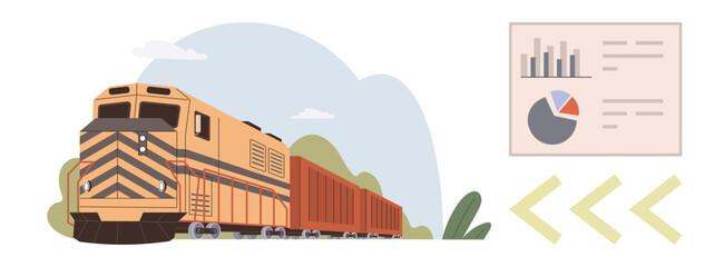 Freight train moving through landscape alongside bar charts and pie chart report. Ideal for transportation, logistics, data analysis, economy, efficiency, environment, planning. Simple flat metaphor