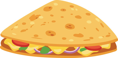 A delicious cartoon illustration of a quesadilla filled with cheese, tomatoes, onions, and lettuce.