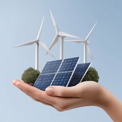 Woman hand holding miniature solar panel, wind turbines, and tree. Concept of clean energy and sustainable development for environment. Green technology solution.
