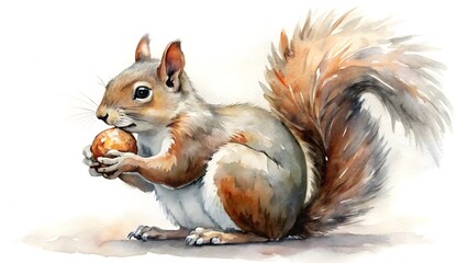 Watercolor painting of a squirrel holding a nut, with a fluffy tail isolated on white background