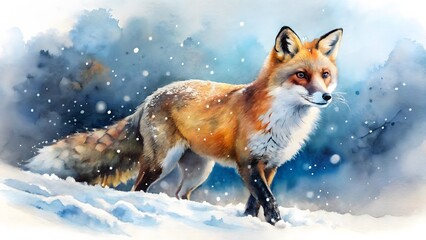 Obraz premium Watercolor painting of a red fox standing in the snow, surrounded by a winter wonderland landscape