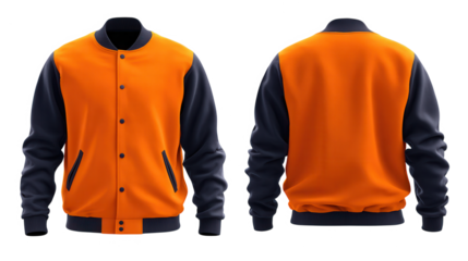 Front and back view of an orange and navy blue varsity jacket isolated on transparent background