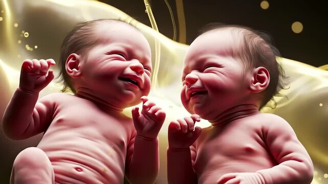 twins floating together in the womb, hands brushing in synchronized slow motion as their bond begins before birth