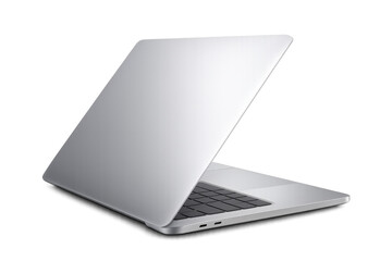 Realistic silver laptop slightly opened with transparent background