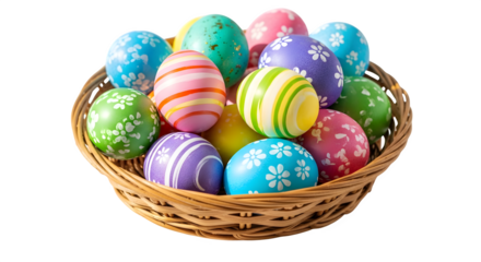 A basket full of colorful easter eggs with various patterns, isolated on transparent background, symbolizing spring and festive celebration