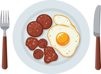 Plate of breakfast food with sausage, fried egg, and cutlery.