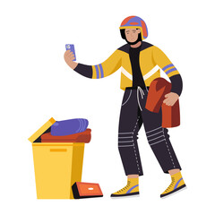 Flat style illustration depicting a character doing clothes donation

