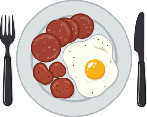 Fried egg and sliced sucuk on a plate with cutlery.