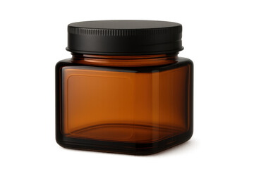 Empty amber square jar with black lid on transparent background