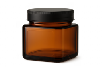 Empty amber square jar with black lid on transparent background