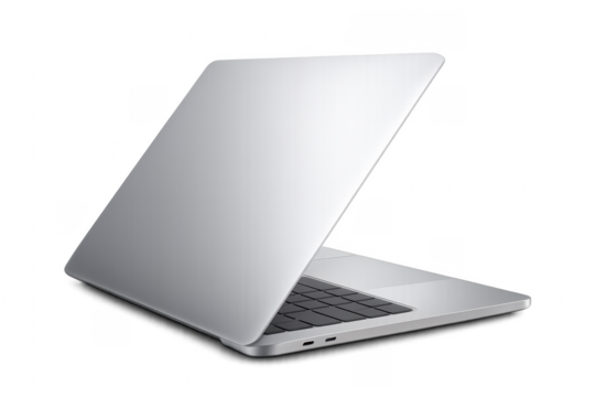 Realistic silver laptop slightly opened with transparent background