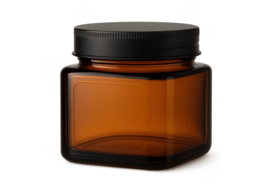 Empty amber square jar with black lid on transparent background