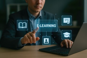 Businessman using laptop with e-learning interface icons representing online education, digital courses, certifications, and remote learning. Concept of modern education and technology