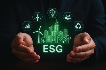 Smart city with ESG concept, featuring wind turbines, solar panels, recycling, and green innovation. Represents sustainable urban development, clean energy, and environmental responsibility