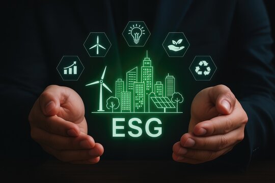 Smart city with ESG concept, featuring wind turbines, solar panels, recycling, and green innovation. Represents sustainable urban development, clean energy, and environmental responsibility