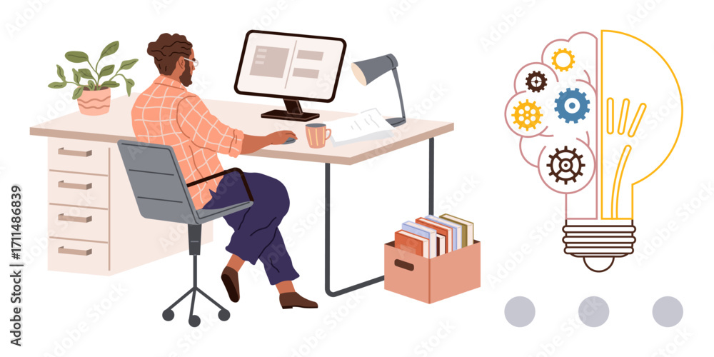 Poster person at desk using computer, coffee cup, and papers large lightbulb visual with gears symbolizing 