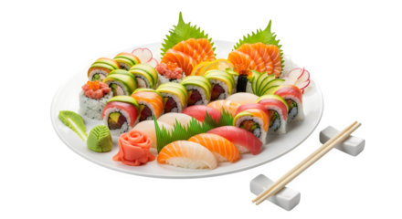 A colorful sushi platter isolated on transparent background features an assortment of rolls, nigiri, and sashimi, garnished with fresh herbs and served with chopsticks