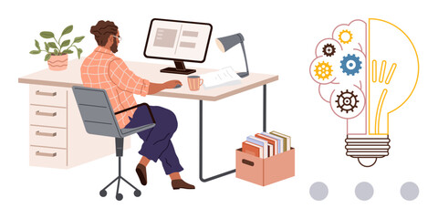 Person at desk using computer, coffee cup, and papers large lightbulb visual with gears symbolizing creativity, productivity, idea generation. Ideal for innovation, teamwork, brainstorming, workflow © robu_s