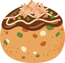 Close-up of a round takoyaki ball, topped with flakes and sauce.