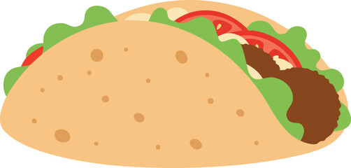 A simple cartoon illustration of a delicious taco filled with ground meat, fresh lettuce, and diced tomatoes.