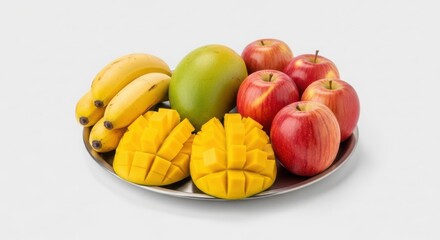 A platter filled with fresh, ripe fruits including bananas, apples, and a mango, presented on a white background