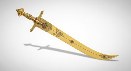 Ornate golden curved sword with intricate carvings and gemstone embellishments, isolated on white background