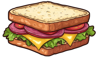 A cartoon sandwich isolated on transparent background, featuring layers of cheese, ham, lettuce, and tomato, creating a delicious and visually appealing food illustration